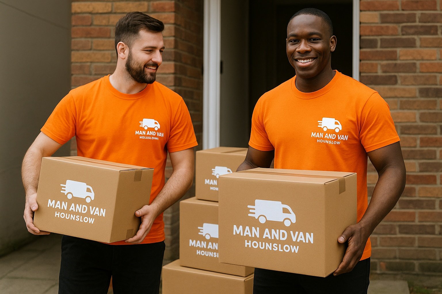 Two Man and Van Hounslow movers in orange uniforms carrying cardboard boxes during a house removal in Hounslow.
