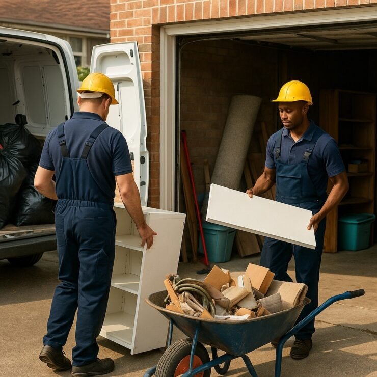 Two movers from Man and Van Hounslow clearing a garage in Hounslow, loading shelving and bulky waste into a van.