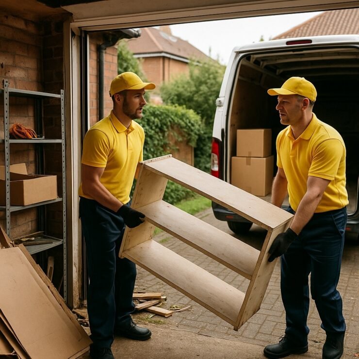 Two professional movers from Man and Van Hounslow clearing a residential garage, sorting and loading bulky waste into their red van.