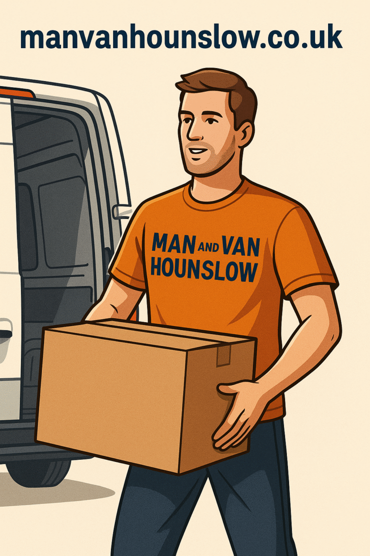 “Man and Van Hounslow mover wearing an orange branded t-shirt loading a box into a moving van with manvanhounslow.co.uk displayed above.”
