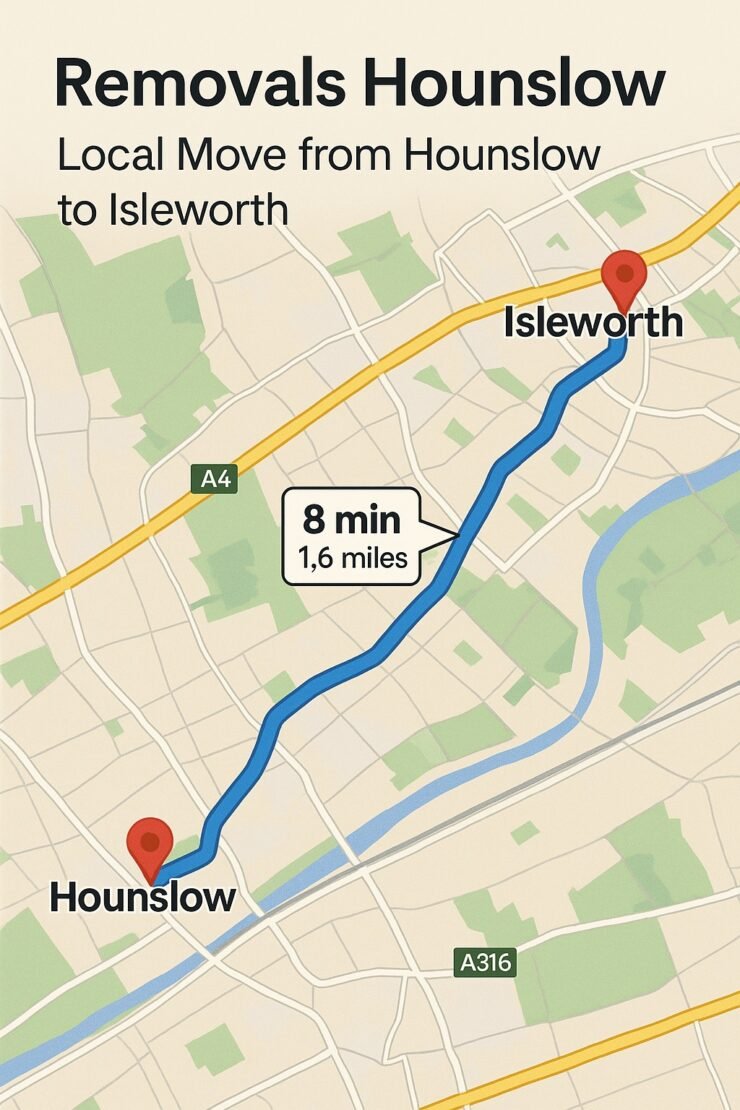 Driving route map from Hounslow to Isleworth for Man and Van Hounslow removals