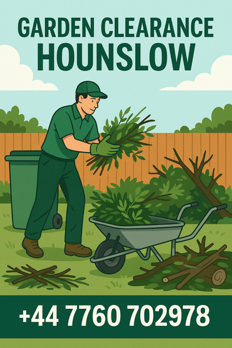 Garden clearance Hounslow – professional green waste removal with wheelbarrow, branches and garden waste collection
