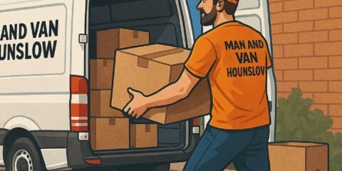 Man and Van Hounslow mover loading boxes into a branded removal van wearing orange uniform.