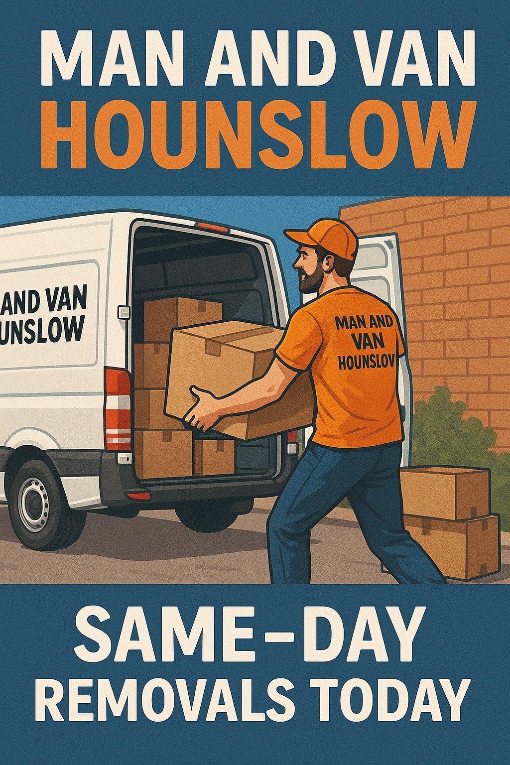 Man and Van Hounslow mover in orange shirt loading boxes into a long wheel base removals van