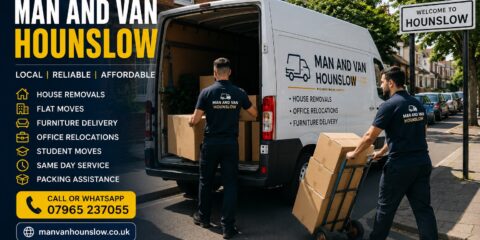 Professional man and van Hounslow moving service with branded removals van and movers providing house removals and furniture delivery across West London.