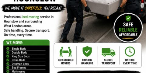 Bed Moving Hounslow flyer with professional movers carrying a bed and mattress into a removals van