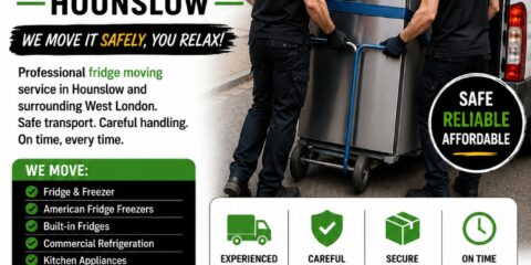 Fridge Moving Hounslow flyer with professional movers transporting a fridge freezer into a removals van