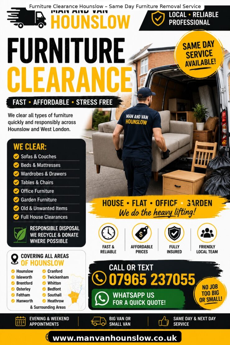 Furniture Clearance Hounslow flyer with removals van, sofa removal, and furniture disposal service